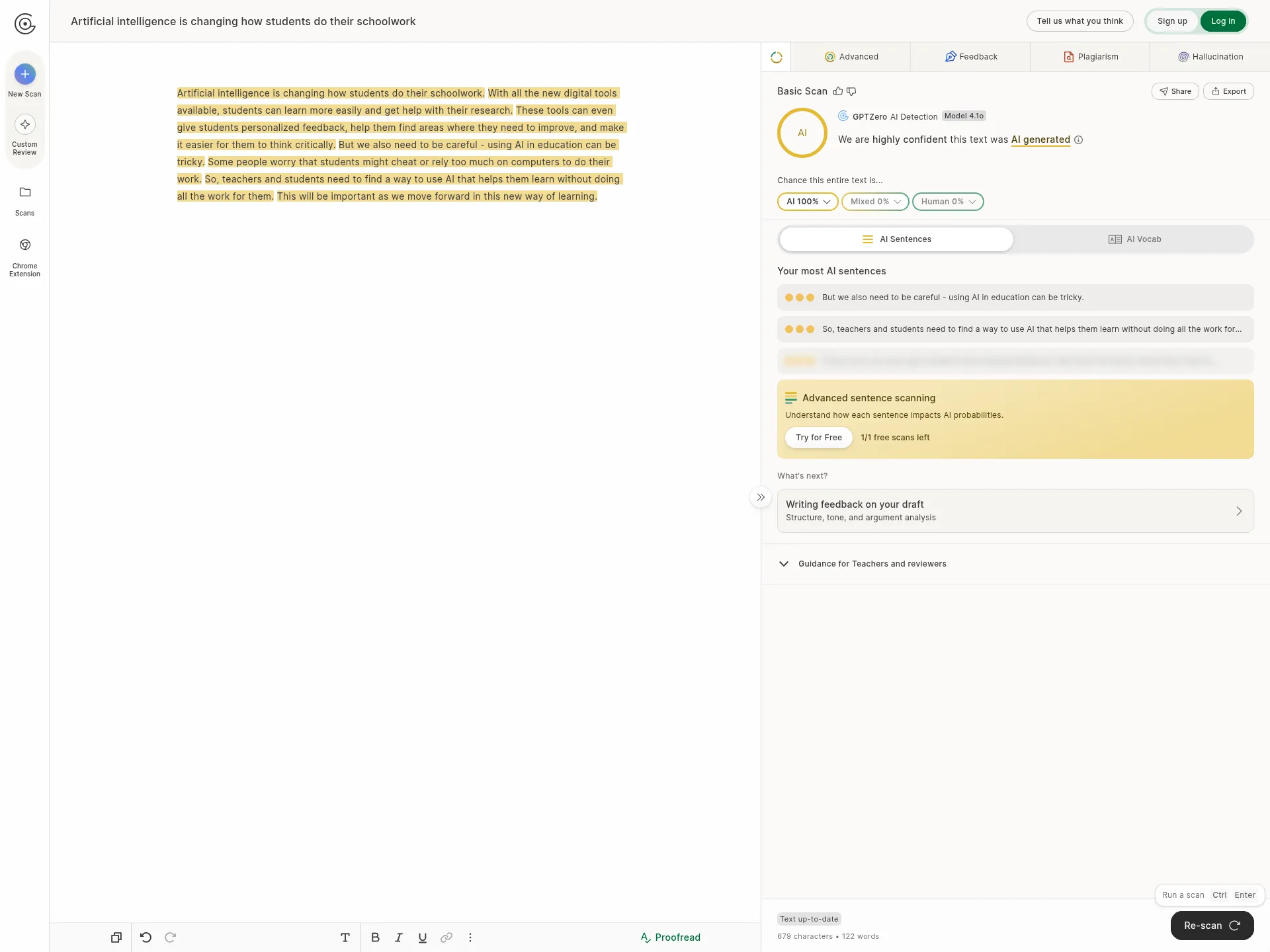 GPTZero free scan rating Undetectable AI's Basic output AI 100%, Mixed 0%, Human 0%