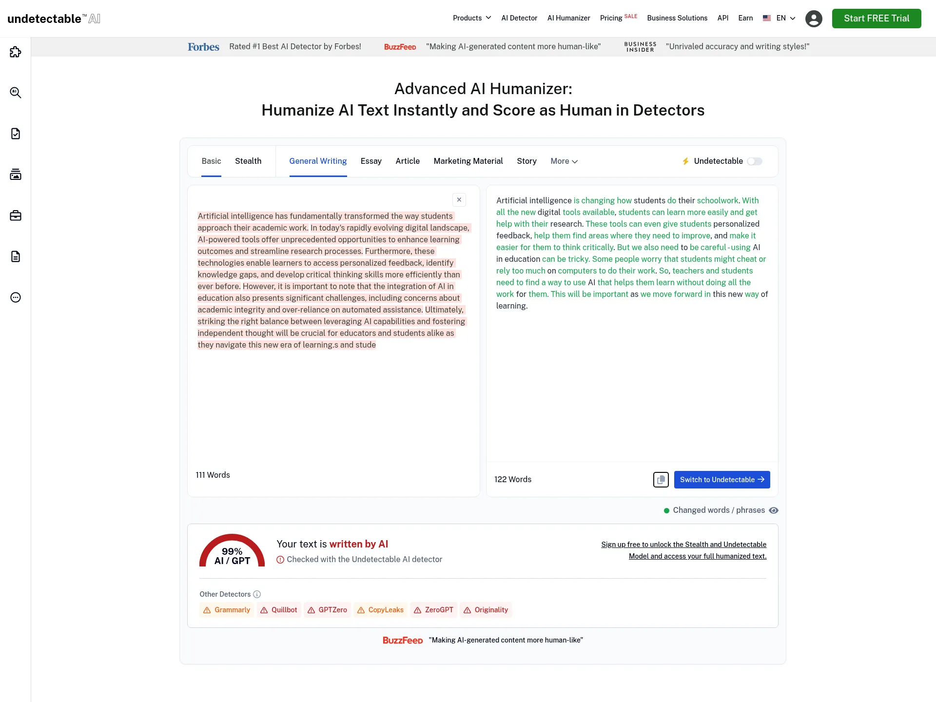 Undetectable AI Basic mode showing our input and the rewritten output